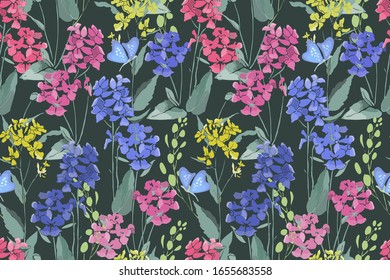 Patrón fluido del vector floral del arte. Suave prado lilo pálido, amarillo, flores rosadas con ramas verdes y hojas aisladas en un fondo verde profundo. Estilo acuarela. Patrón interminable.