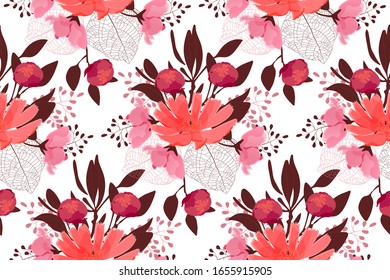 Art floral vector seamless pattern. Red, pink, orange, maroon flowers, brown leaves isolated on white background. Tile pattern for wallpaper, fabric, interior textile, card, template, website.