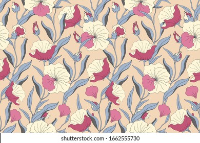 Art floral vector seamless pattern. Light yellow, pink flowers with blue branches, leaves and petals isolated on beige background. For home textiles, fabric, wallpaper, accessories, digital paper.