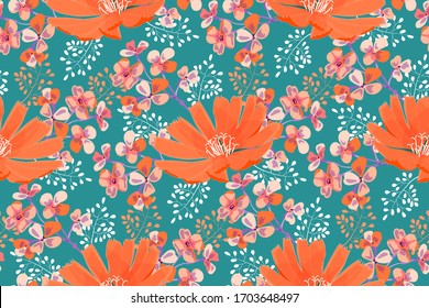 Art floral vector seamless pattern. Orange flowers, white, orange, violet twigs with small flowers isolated on marine background. Tile pattern.