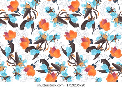 Vektorillustration mit Blumenmustern nahtlos. Blumenhintergrund. Orangefarbene und blaue Malereien einzeln auf Weiß.