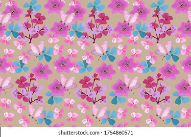Art floral vector seamless pattern. Pink, blue, purple small flowers with butterfly isolated on beige background.