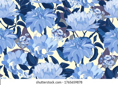 Art floral vector seamless pattern. Blue asters, dahlias, chrysanthemums, deep blue branches, leaves isolated on light yellow background. Endless flowers background for wallpaper, fabric, textile.