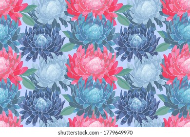 Art floral vector seamless pattern. Pink, blue asters, chrysanthemums. Vector garden flowers Isolated on blue background. For fabric, home textile, wallpaper.