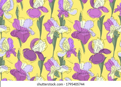 Art floral vector seamless pattern. Purple, violet, pale yellow irises with green stems and leaves on yellow background. Sketch of the flowers.