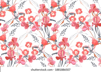 Art floral vector seamless pattern. Pink ipomoea, peony, iris flowers, grey and orange branches, leaves isolated on white background. Tile pattern for fabric, interior textile, card.