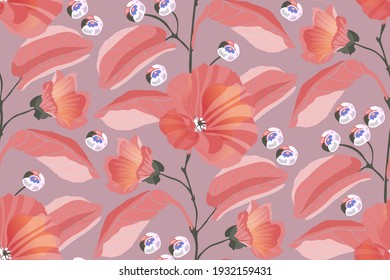 Art floral vector seamless pattern. Pink mallows, branches, leaves, blue berries isolated on a dusty pink background. Tile pattern for wallpaper design, fabric, kitchen textile, wrapping paper.