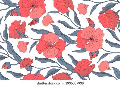 Art floral vector seamless pattern. Red flowers, buds with blue branches, leaves and petals isolated on a white background. For textile, fabric, wallpaper, kitchen decor, paper, accessories.