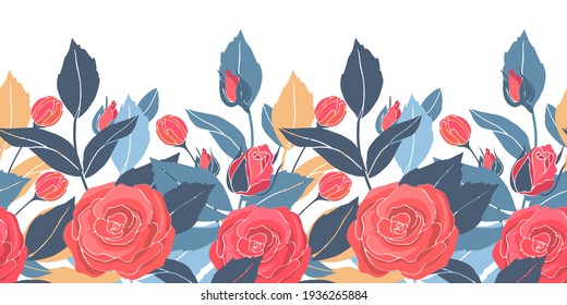 Art floral vector seamless pattern, border with red roses, yellow and blue leaves. Vector garden flowers and buds isolated on a white background. 