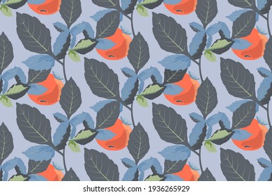 Vector floral de arte sin fisuras con manzanas de invierno. Ramas de Apple con hojas y frutos maduros aislados en un fondo azul claro. Para los textiles del hogar, tela, papel pintado, decoración de cocina.