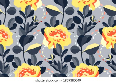 Art floral vector seamless pattern. Yellow, red flowers, grey leaves isolated on a light grey background. Repeat flower pattern for accessories, wallpaper design, fabric, home and kitchen textile.