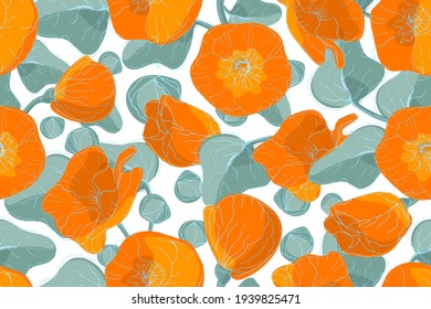 Art floral vector seamless pattern. Sketch of flowers. Orange color mallow flowers with blue stems and leaves isolated on a white background. 