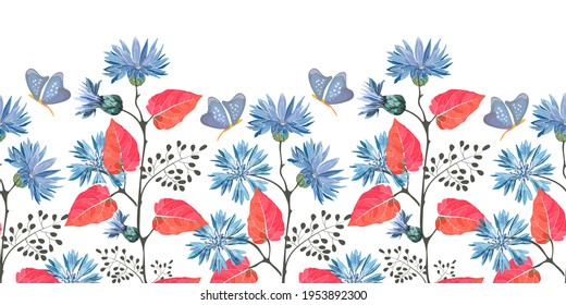 Art floral vector seamless pattern, border. Blue flowering cornflower, Centaurea flowers with buds, stems, twigs, red leaves, butterflies isolated on white background. Tile border for cards, banners.