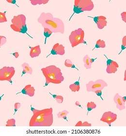 Art floral vector seamless pattern. Pink mallow and poppy on a light pink background. Isolated vector pastel flowers, buds, leaves, twigs and peas. For fabric, wallpaper, wrap.