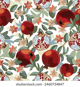 Art floral vector seamless pattern. Pomegranate tree with maroon fruits, green, blue and beige leaves. Ripe pomegranates with grains and flowers isolated on a white background.