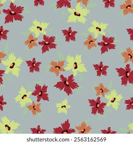 Art floral vector seamless pattern. Light yellow, pink flowers with blue branches, leaves and petals isolated on beige background. For home textiles, fabric, wallpaper, accessories, digital paper.