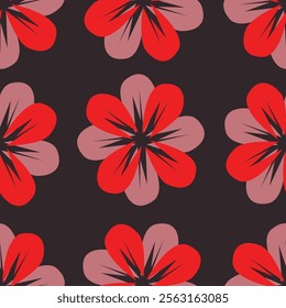 Art floral vector seamless pattern. Red flowers with branches, leaves and petals isolated on beige background. For home textiles, fabric, wallpaper, kitchen decor, packaging paper, accessories.