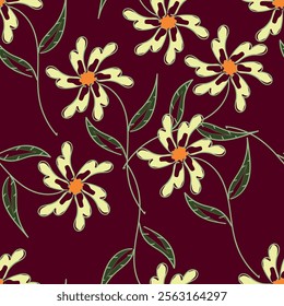 Art floral vector seamless pattern. Red flowers with branches, leaves and petals isolated on beige background. For home textiles, fabric, wallpaper, kitchen decor, packaging paper, accessories.
