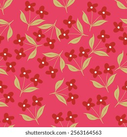 Art floral vector seamless pattern. Red flowers with branches, leaves and petals isolated on beige background. For home textiles, fabric, wallpaper, kitchen decor, packaging paper, accessories.