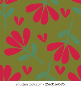 Art floral vector seamless pattern. Red flowers with branches, leaves and petals isolated on beige background. For home textiles, fabric, wallpaper, kitchen decor, packaging paper, accessories.