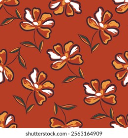 Art floral vector seamless pattern. Red flowers with branches, leaves and petals isolated on beige background. For home textiles, fabric, wallpaper, kitchen decor, packaging paper, accessories.