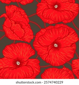 Art floral vector seamless pattern. Red poppies with orange leaves isolated on grey background. For fabric, home and kitchen textile,