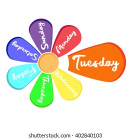 Art flower design with 7 petal days of week with main word  tuesday