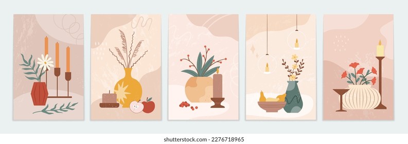 Art flower vases and candles, abstract posters. Simple organic decoration shapes, contemporary geometric cards. Bouquets in interior. Still life image. Vector design utter illustration set