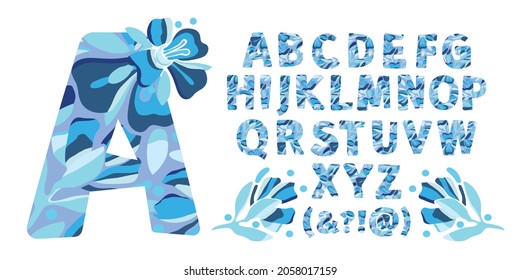 Art flower vector letters, alphabet. Holiday pattern in the shape of bold letters. Beautiful winter blue flowers isolated on a grey background.