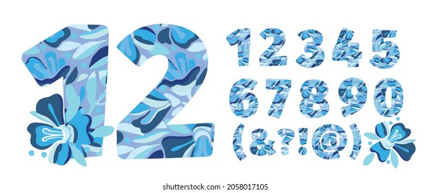 Art flower vector numbers from 0 to 9. Christmas pattern in the shape of bold numbers. Beautiful winter blue flowers isolated on a grey background.
