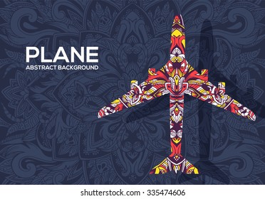Art flying airplane with abstract colorful ornaments background. Vector decorative national template of culture illustration design concept