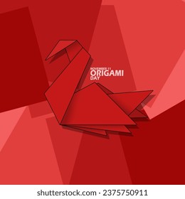 The art of folding origami paper in the shape of a swan on red papers background, with bold text to celebrate National Origami Day on November 11, Culture from Japan.