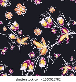 Art folk motif seamless pattern. Floral botanical repeat background. Cute decorative flowers, plants and berries.