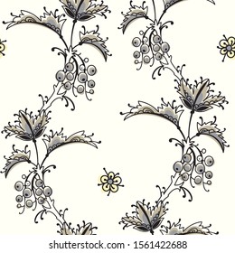 Art folk motif seamless pattern. Floral botanical repeat background. Cute decorative flowers, plants and berries.