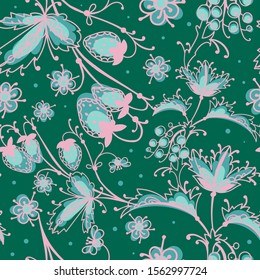 Art folk motif seamless pattern. Floral botanical repeat background. Cute decorative flowers, plants and berries.