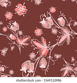 Art folk motif seamless pattern. Floral botanical repeat background. Cute decorative flowers, plants and berries.