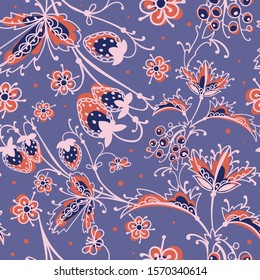 Art folk motif seamless pattern. Floral botanical repeat background. Cute decorative flowers, plants and berries.