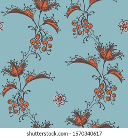 Art folk motif seamless pattern. Floral botanical repeat background. Cute decorative flowers, plants and berries.