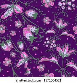 Art folk motif seamless pattern. Floral botanical repeat background. Cute decorative flowers, plants and berries.