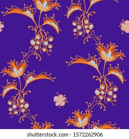 Art folk motif seamless pattern. Floral botanical repeat background. Cute decorative flowers, plants and berries.