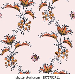Art folk motif seamless pattern. Floral botanical repeat background. Cute decorative flowers, plants and berries.