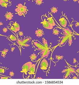 Art folk motif seamless pattern. Floral botanical repeat background. Cute decorative flowers, plants and berries.