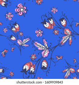 Art folk motif seamless pattern. Floral botanical repeat background. Cute decorative flowers, plants and berries.