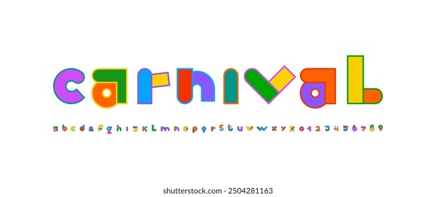 Art font, alphabet in the carnival style, child letters and kids numbers, vector illustration 10EPS