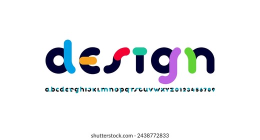 Art font, alphabet in the multi-colored style, rounded letters and numbers, vector illustration 10EPS