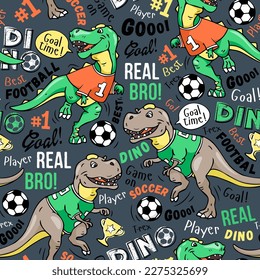 Art. Football pattern. Cute dinosaur plays soccer. Print on a gray background. Design for kids.  prints, nursery closing, fabrics. Vector illustration. T-rex dinosaur