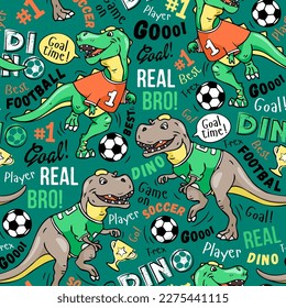 Art. Football pattern on a green background. Cute dinosaur plays soccer. Print on a green background. Design for kids.  prints, nursery closing, fabrics. Vector illustration. T-rex dinosaur