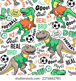 Art. Football pattern on a wite  background. Cute dinosaur plays soccer. Design for kids. Vector illustration.