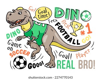 Huella de fútbol. Un dinosaurio lindo juega al fútbol con un fondo blanco. Diseño de carteles para niños, camisetas, huellas, cierre de guarderías, telas. Ilustración vectorial. T-rex