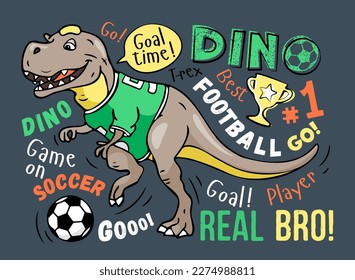 Art. Football print. Cute dinosaur plays soccer on a gray background. Design for kids poster, T-shirt, prints, nursery closing, fabrics. Vector illustration. T-rex